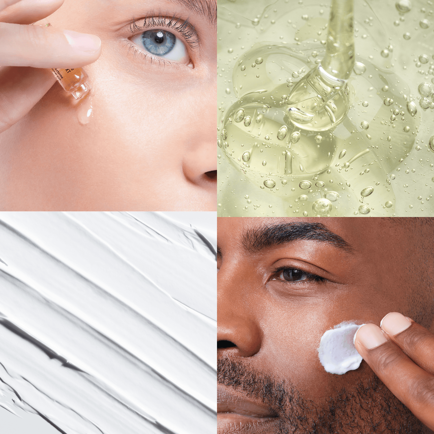 Collage of skincare products and application on faces