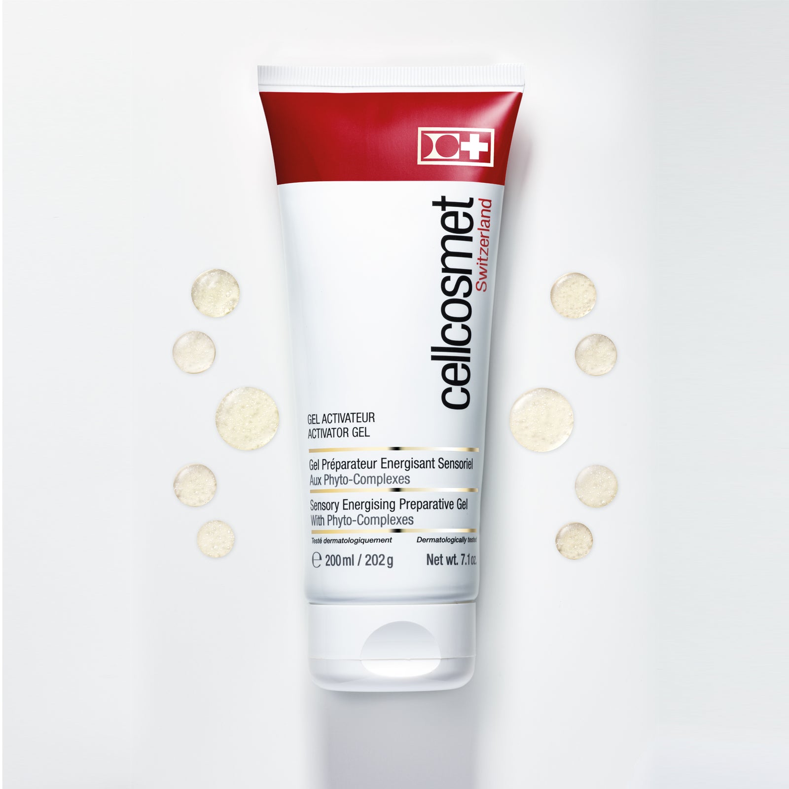 Cellcosmet Activator Gel displayed on a white surface featuring product drops in background.