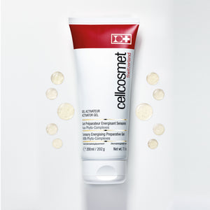 Cellcosmet Activator Gel displayed on a white surface featuring product drops in background.