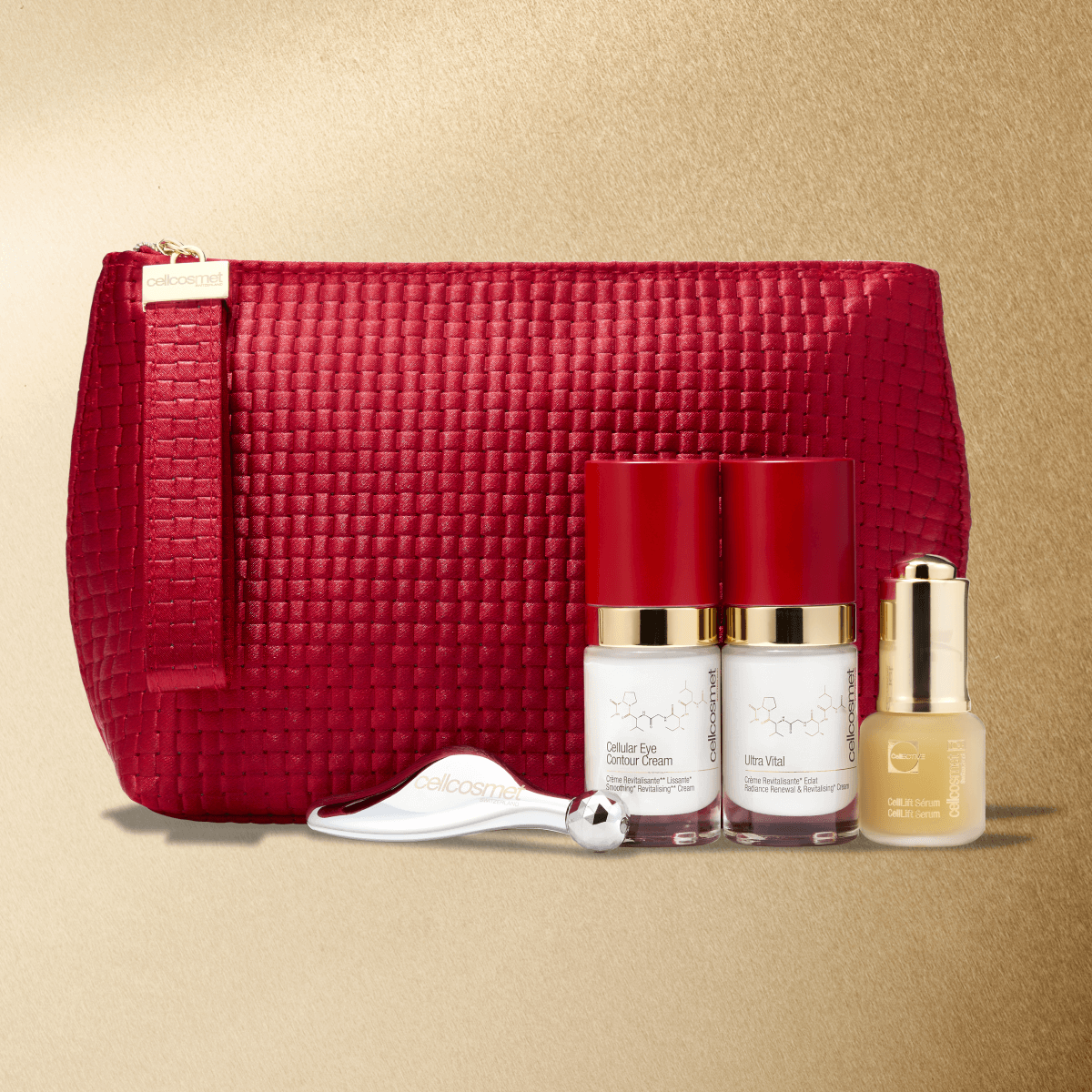 Red cosmetic bag with skincare products on a gold background