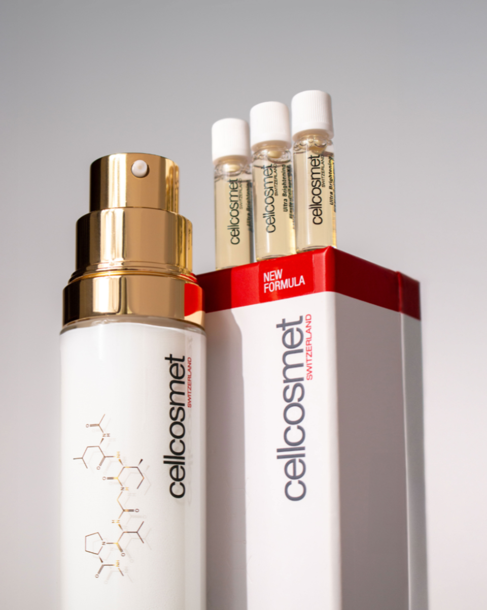 Cellcosmet skincare Brightener XT products including a bottle and three vials