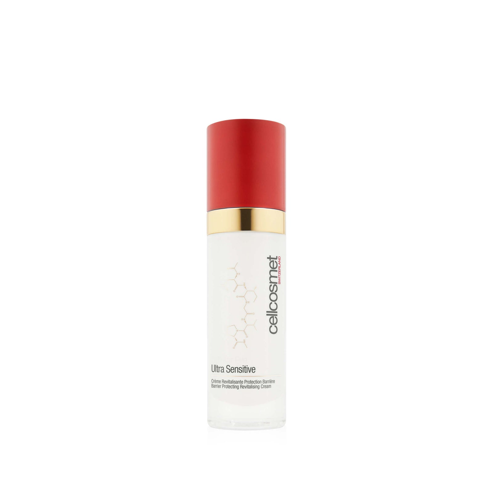 A bottle of Cellcosmet Ultra Sensitive Face Cream, featuring a white bottle with a vibrant red cap and a gold metallic collar, set against a plain white background.