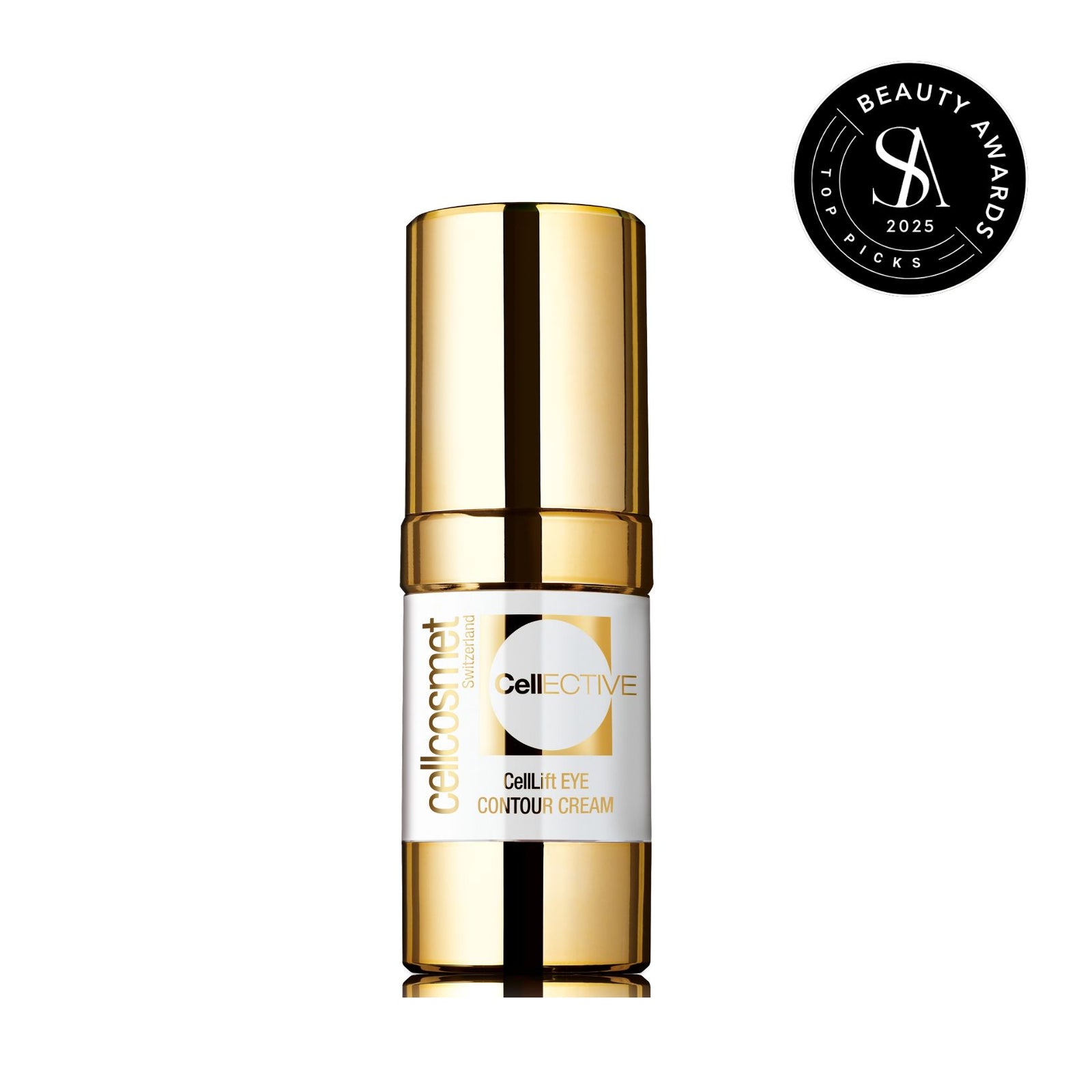 Gold and white CellLift Eye Contour Cream bottle with 'Cellcosmet' branding on a white background, featuring an award badge.