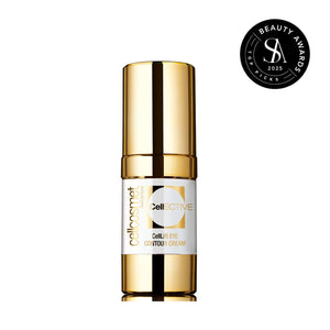Gold and white CellLift Eye Contour Cream bottle with 'Cellcosmet' branding on a white background, featuring an award badge.