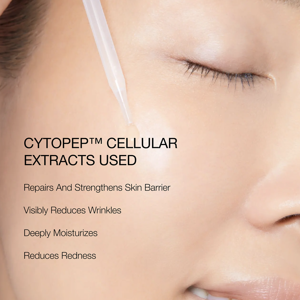 Close-up of a person's face with text about CYTOPEP cellular extracts and their benefits.