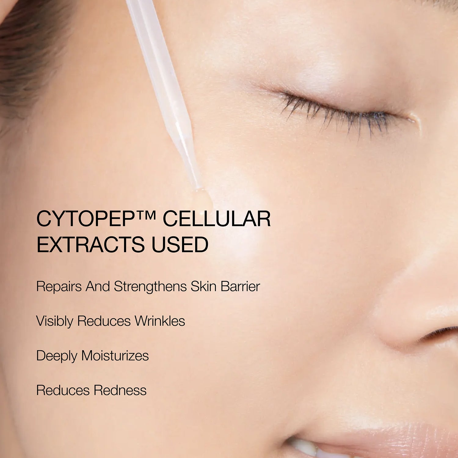 Close-up of a person's face with text about CYTOPEP cellular extracts and their benefits.