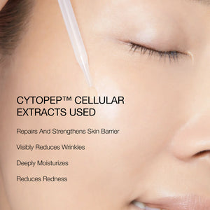 Close-up of a person's face with text about CYTOPEP cellular extracts and their benefits.