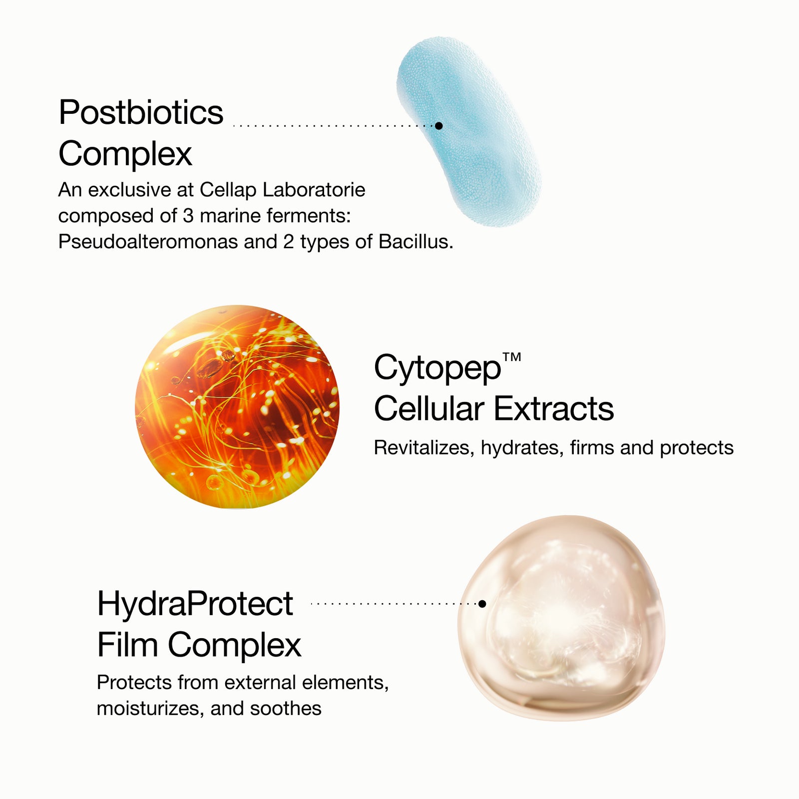 Key Ingredients including Postbiotics Complex, Cytopep Cellular Extracts, HydraProtect Film Complex.