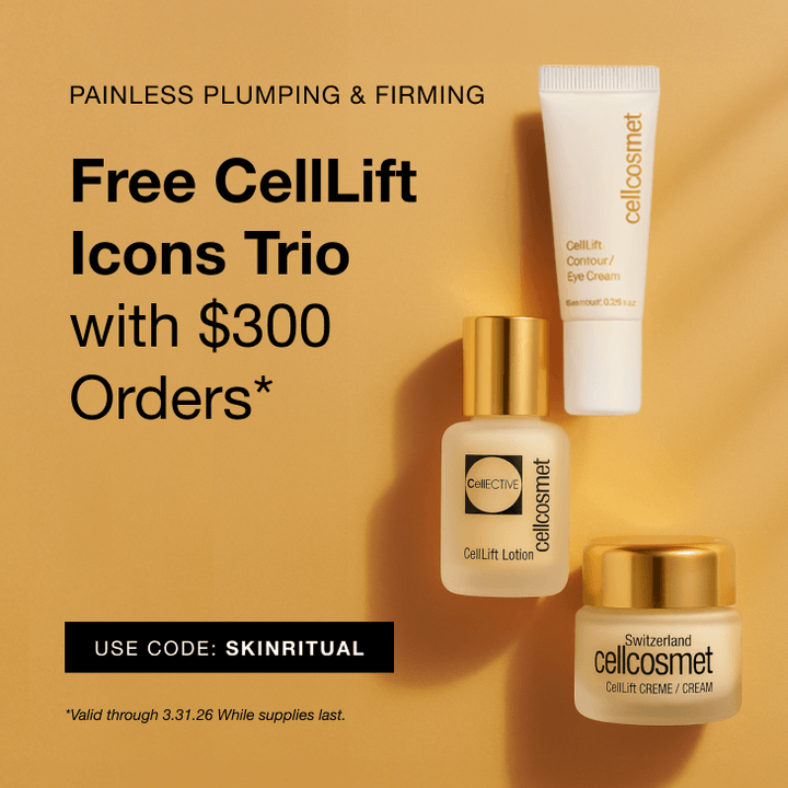 Cellcosmet skincare products with promotional text on a yellow background