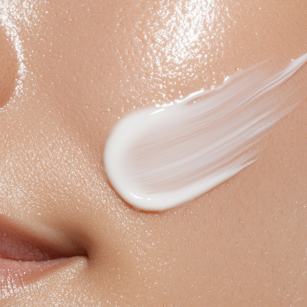 model with moisturizer swatch on face