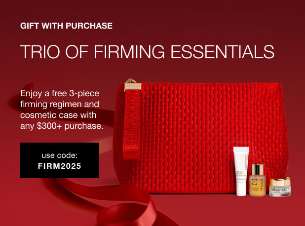 Red cosmetic bag with firming essentials on a red background