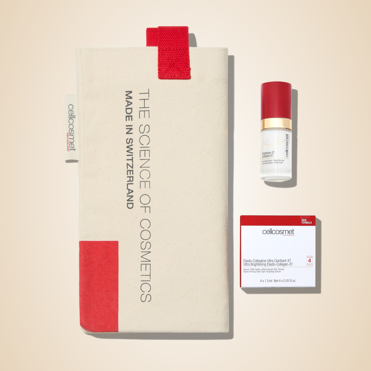 Cellcosmet gift with purchase includes a tote bag and two brighenting products