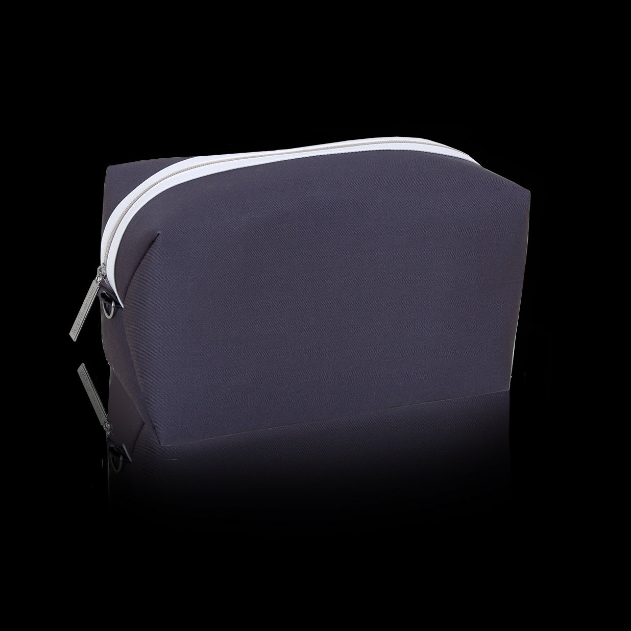 black pouch with a white zipper on a white background
