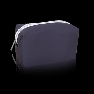 black pouch with a white zipper on a white background