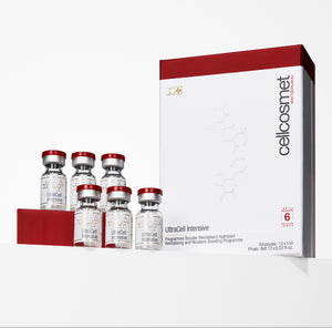 Packaging of Cellcosmet UltraCell Intensive skincare product with vials and box on a white background