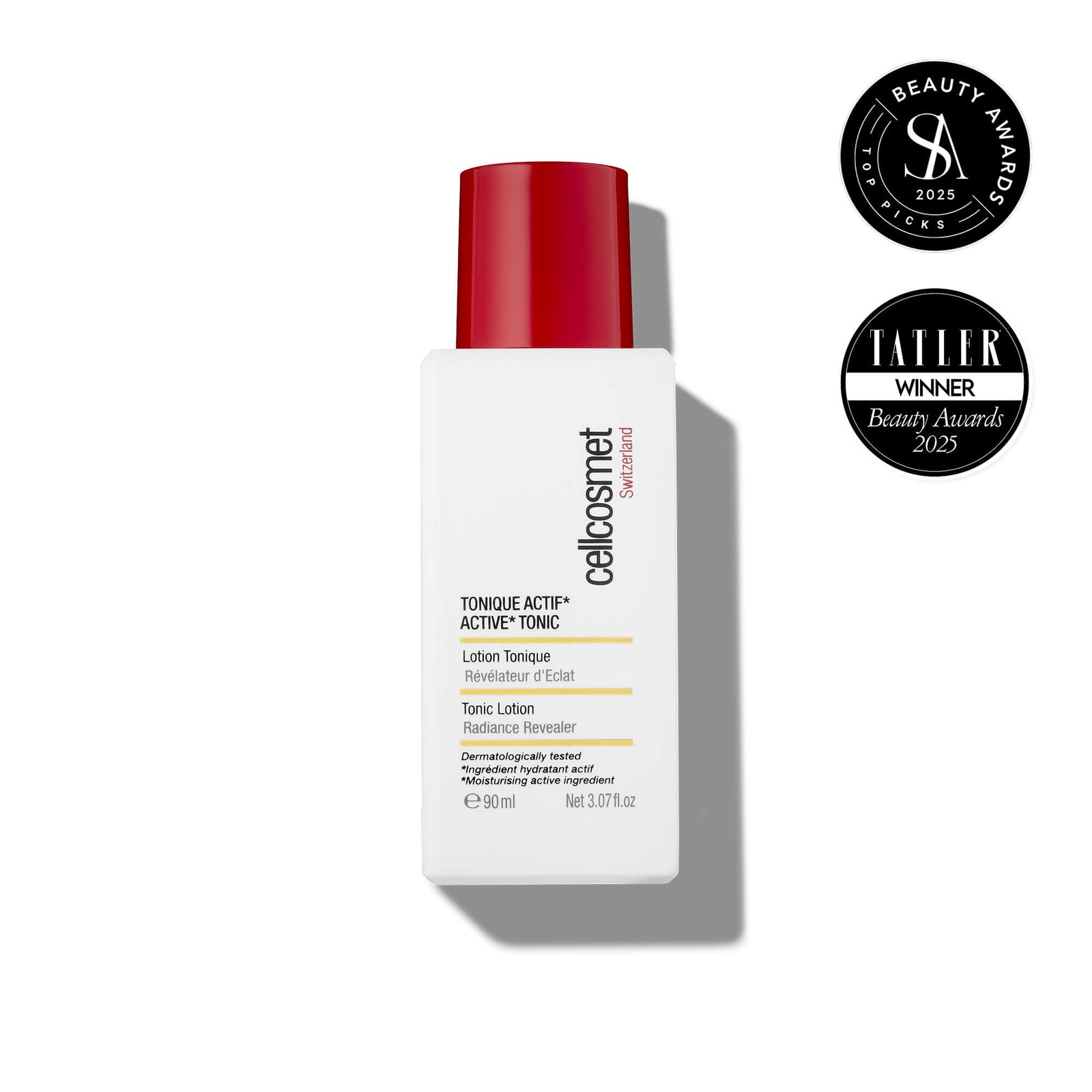 Celcosun Active Tonic skincare bottle with red cap on a white background, featuring beauty awards logos.