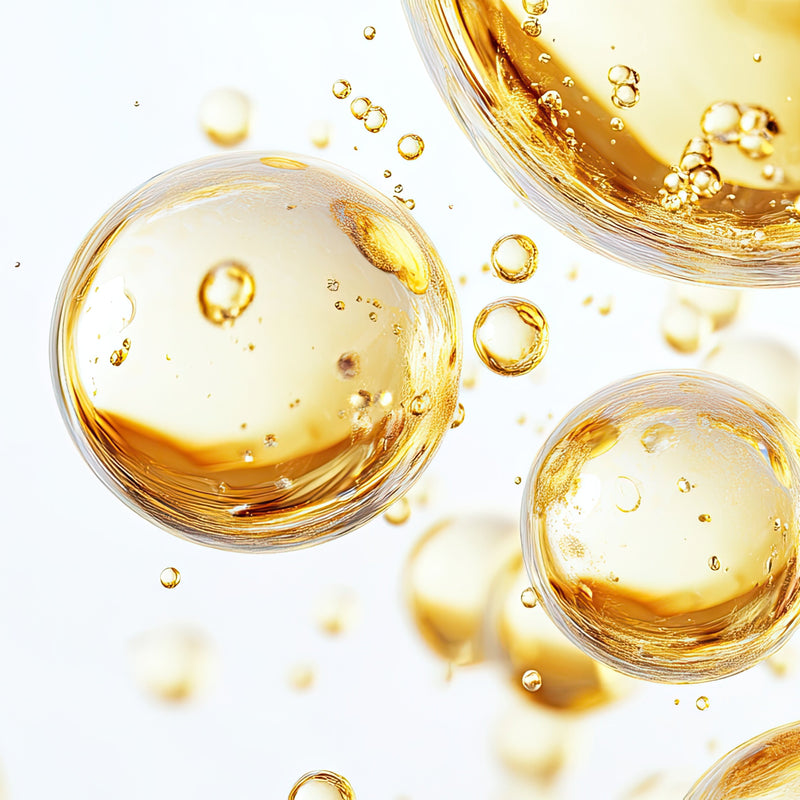 Gold droplets of anti oxidant ingredients on a white background