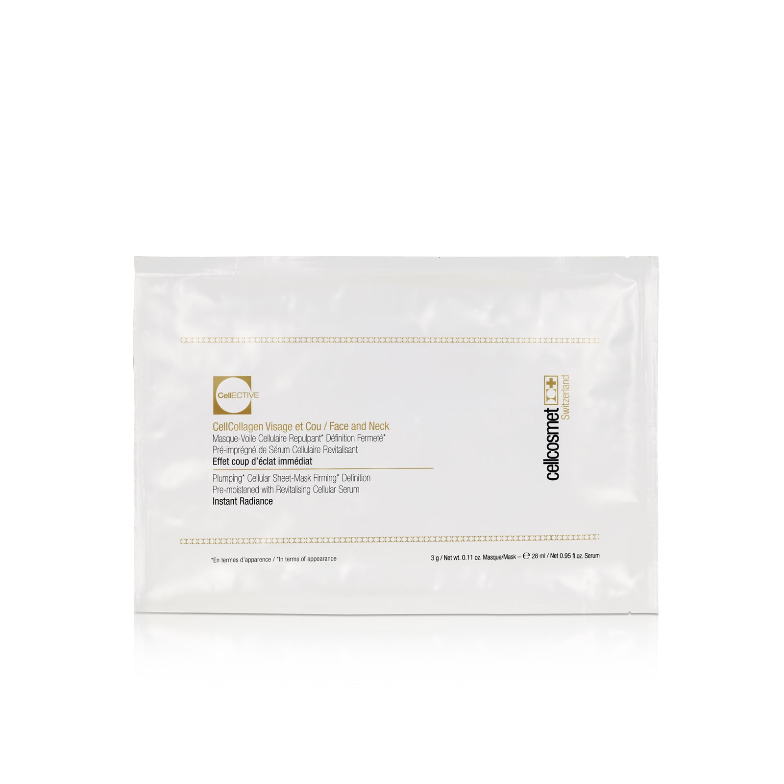 A CellCollagen Face and Neck individual sheet mask with its packaging on a white background.