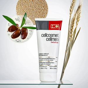 Cellcosmet Cellmen BodyGommage-XT 200 ml on a glass table with pictures of products such as wheat and organic quinoa extract used in it's key ingredients. Some of these key ingredients include SveltFermete Complex and Wheat Germ Oil.
