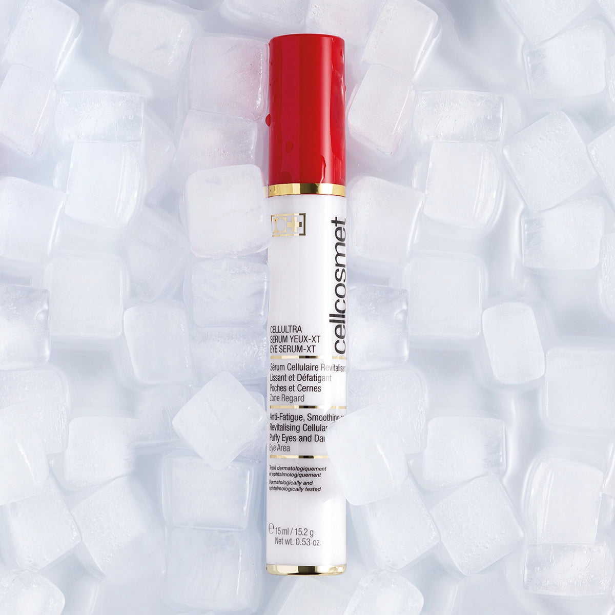 Cellultra Eye Serum-XT surrounded by cubes emphasizing the refreshing and cooling effect this product provides.