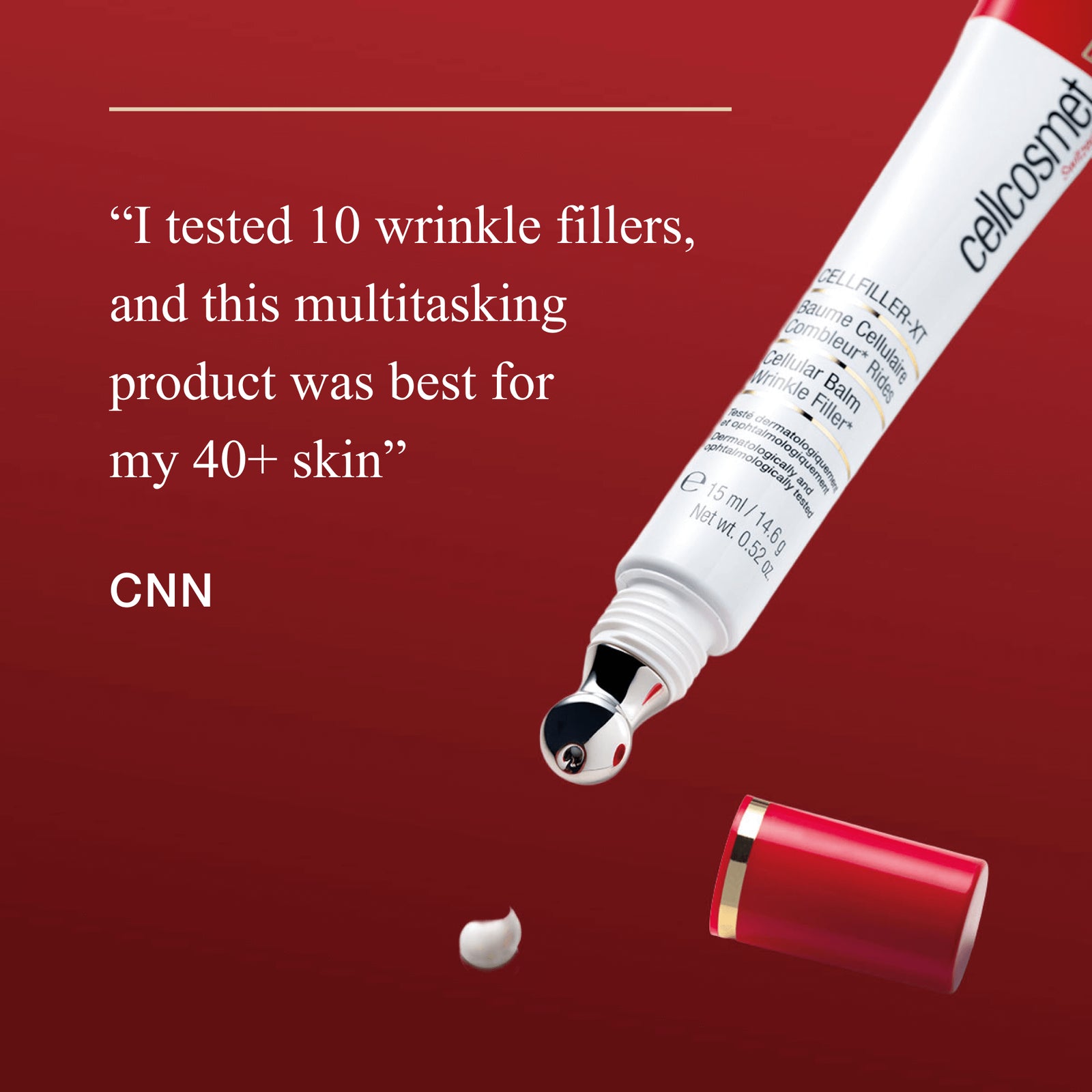 Cosmetic product with text on a red background, featuring CNN endorsement.
