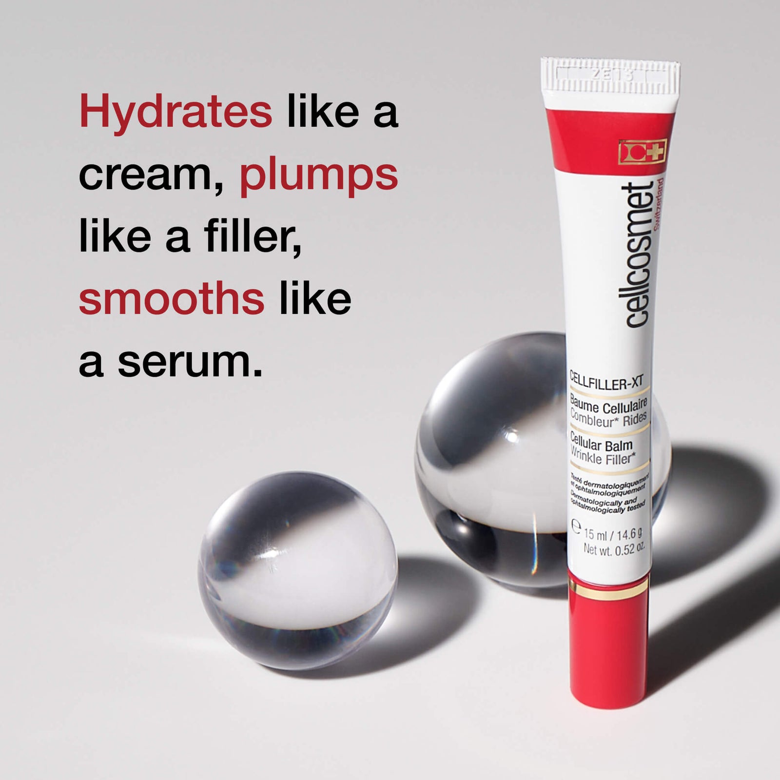 Cosmetic tube with text describing product benefits hydrates like cream, plumps like a filler, smooths like a serum.