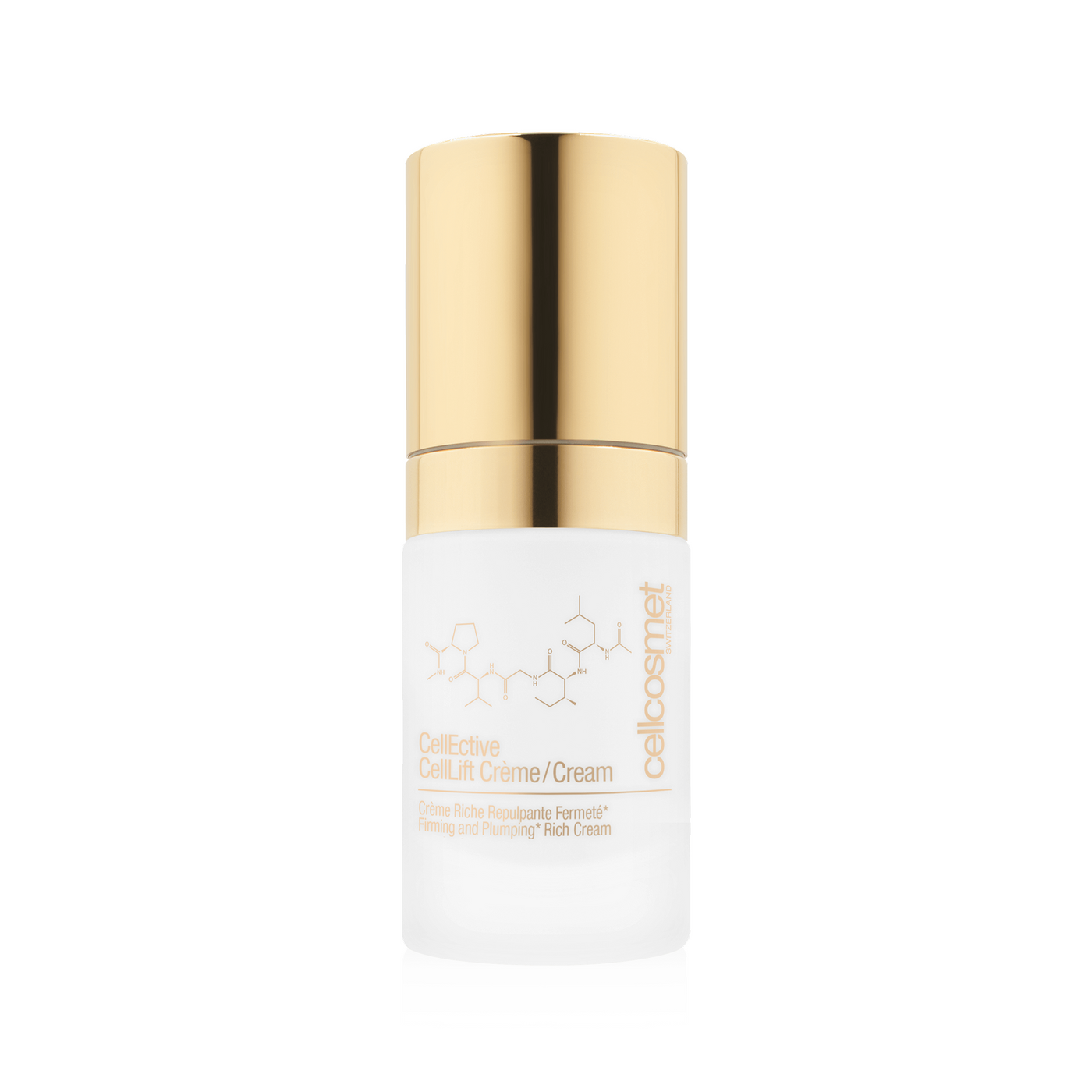 celllift cream Skincare bottle with gold cap and white body on a white background