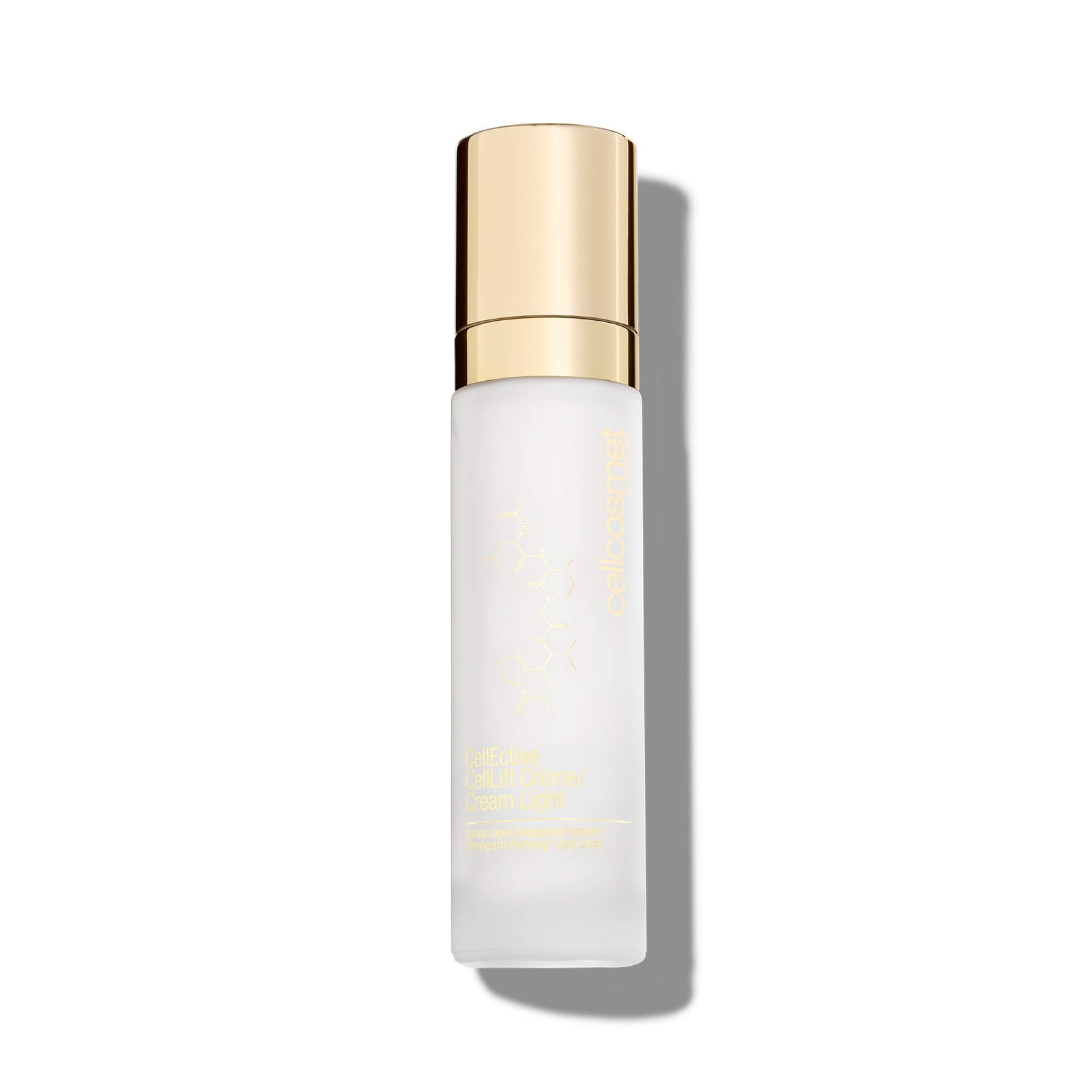 celllift cream light bottle with gold cap on a white background