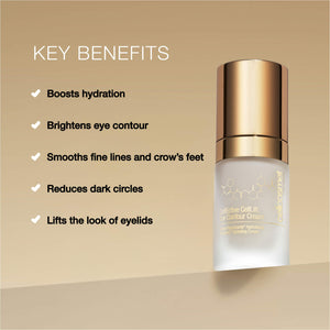 Skincare bottle of CellLift Eye Contour Cream with gold cap on a beige background, featuring key benefits text.