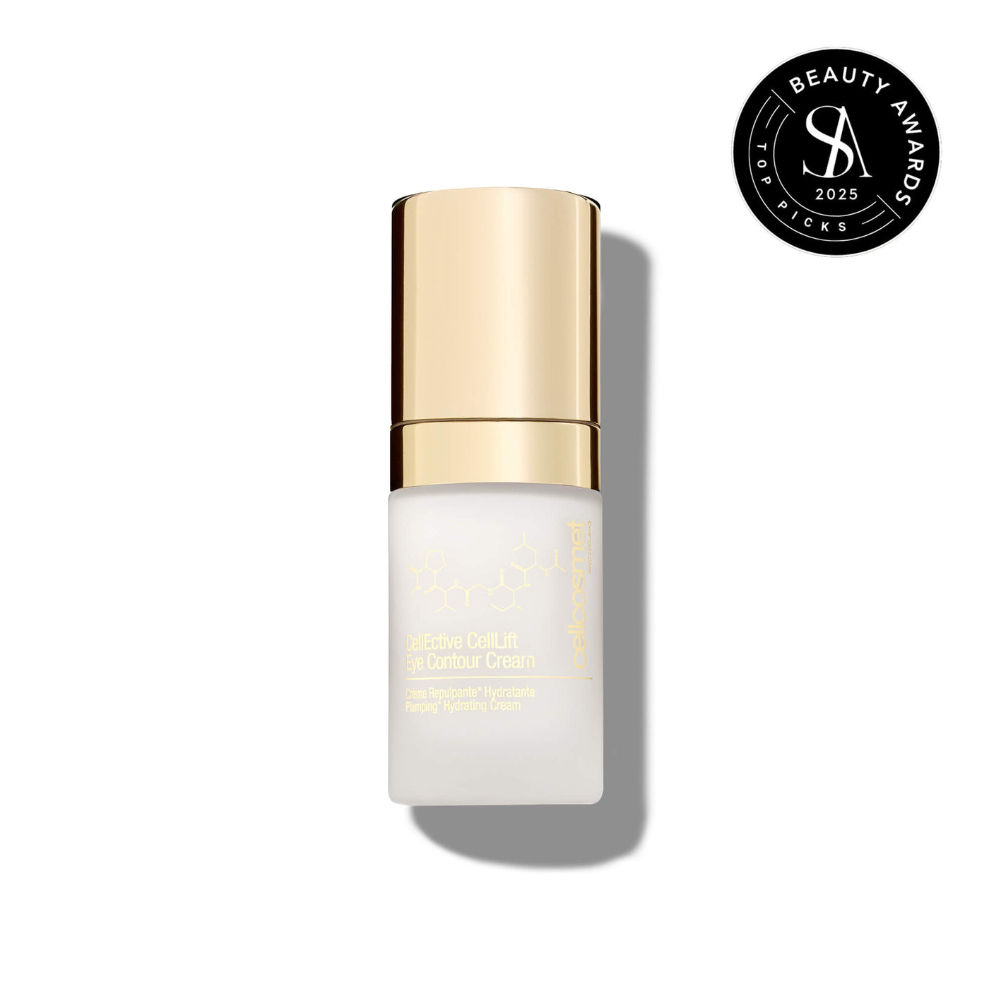 Skincare bottle of CellLift Eye Contour Cream with gold cap on a white background, featuring a beauty awards badge.