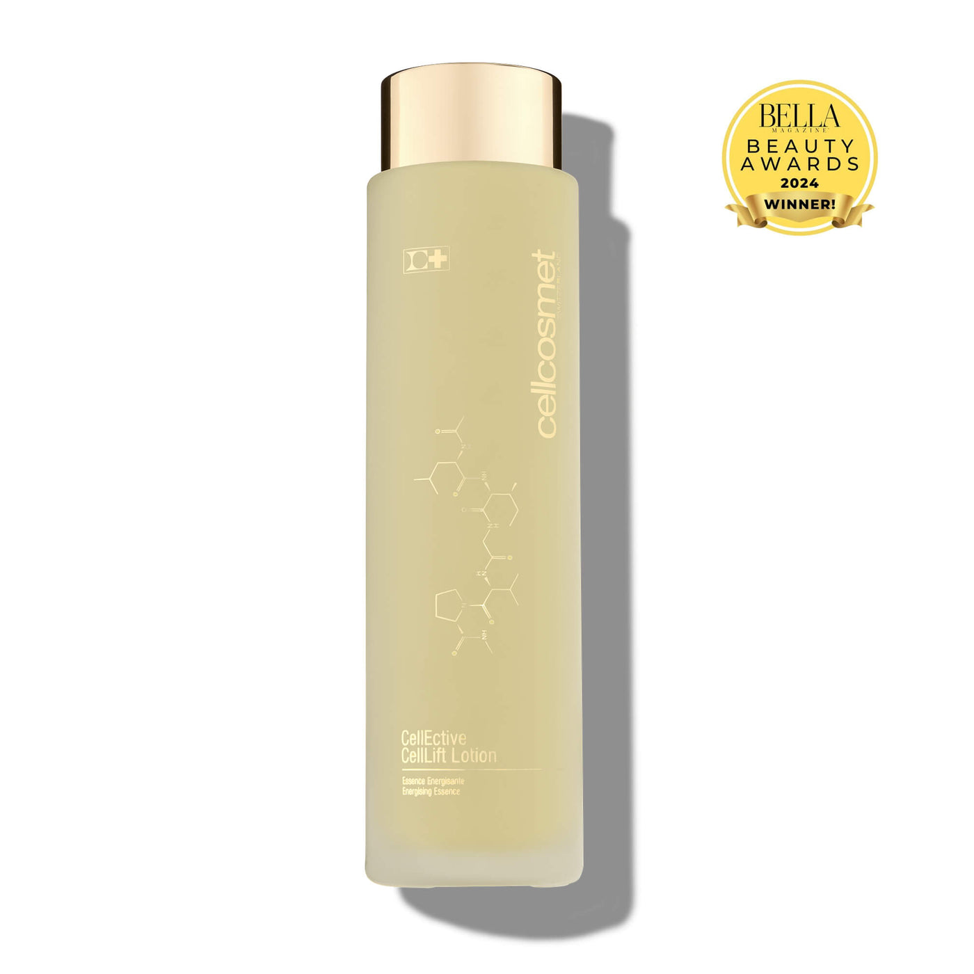 Skincare bottle CellLift Lotion Essence with gold cap on a white background, featuring the Bella Beauty Awards 2024 winner badge.