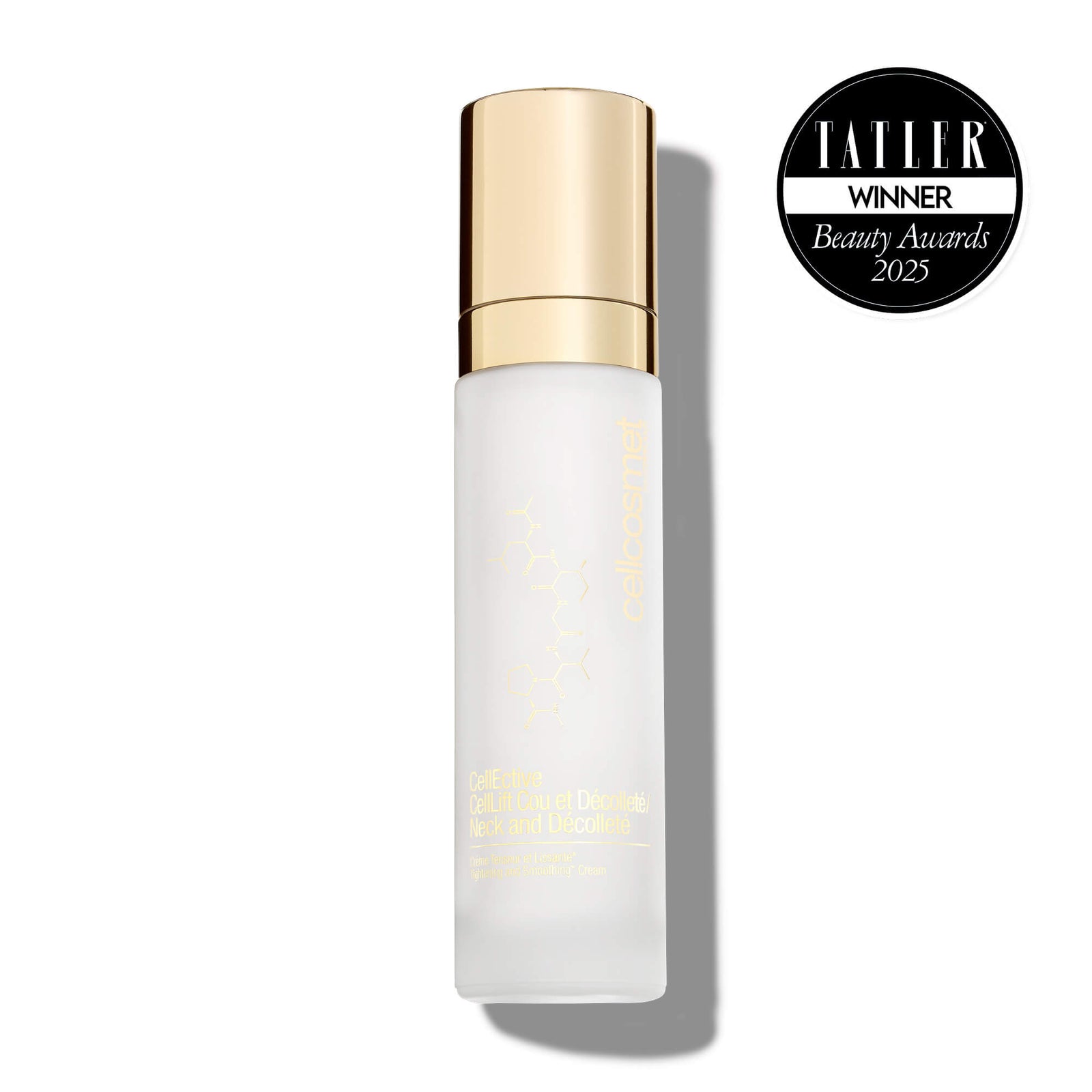 Neck and Decollete Skincare bottle with gold cap on a white background, featuring Tatler Beauty Awards 2025 winner badge.