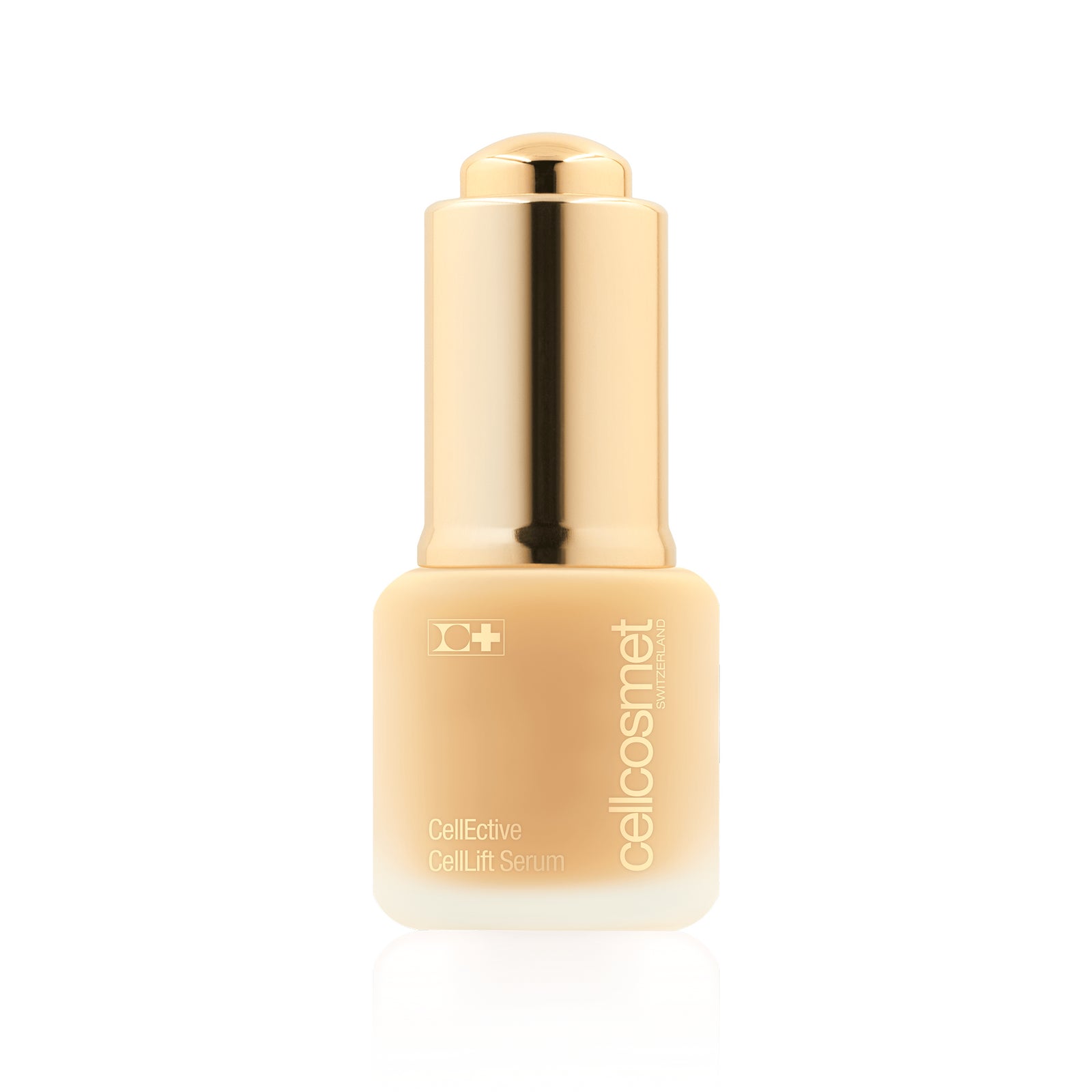 celllift serum bottle with gold cap and beige body on a white background