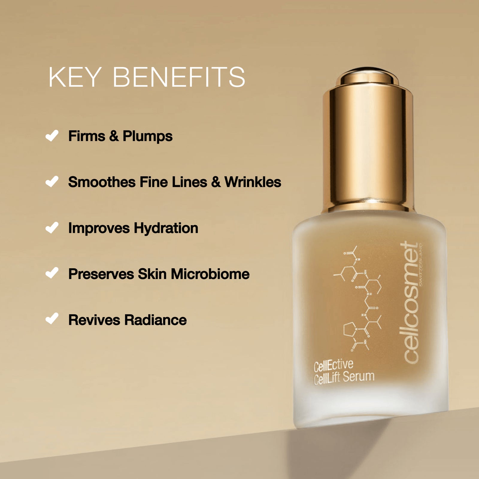 Cosmetic serum bottle with key benefits listed on a beige background