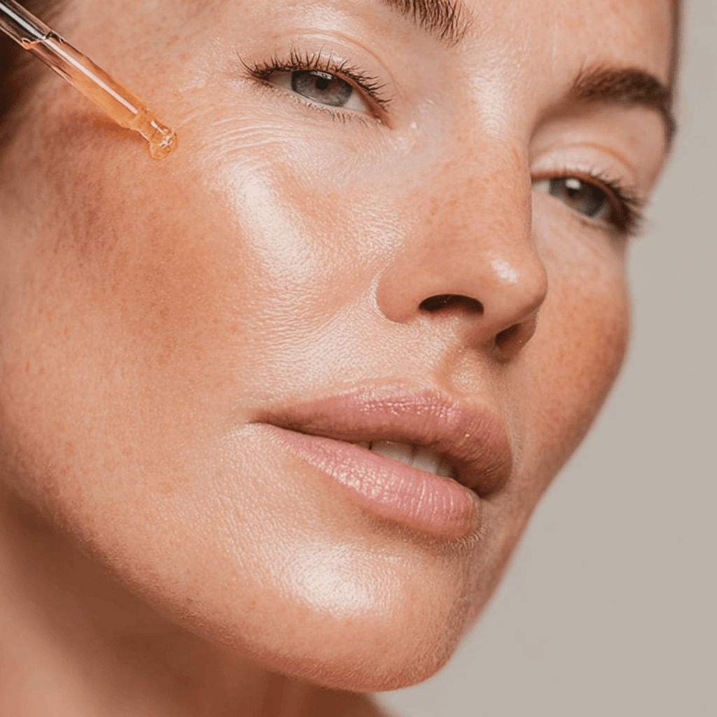 Close-up of a woman's face with a dropper applying CellLift Serum to her skin.