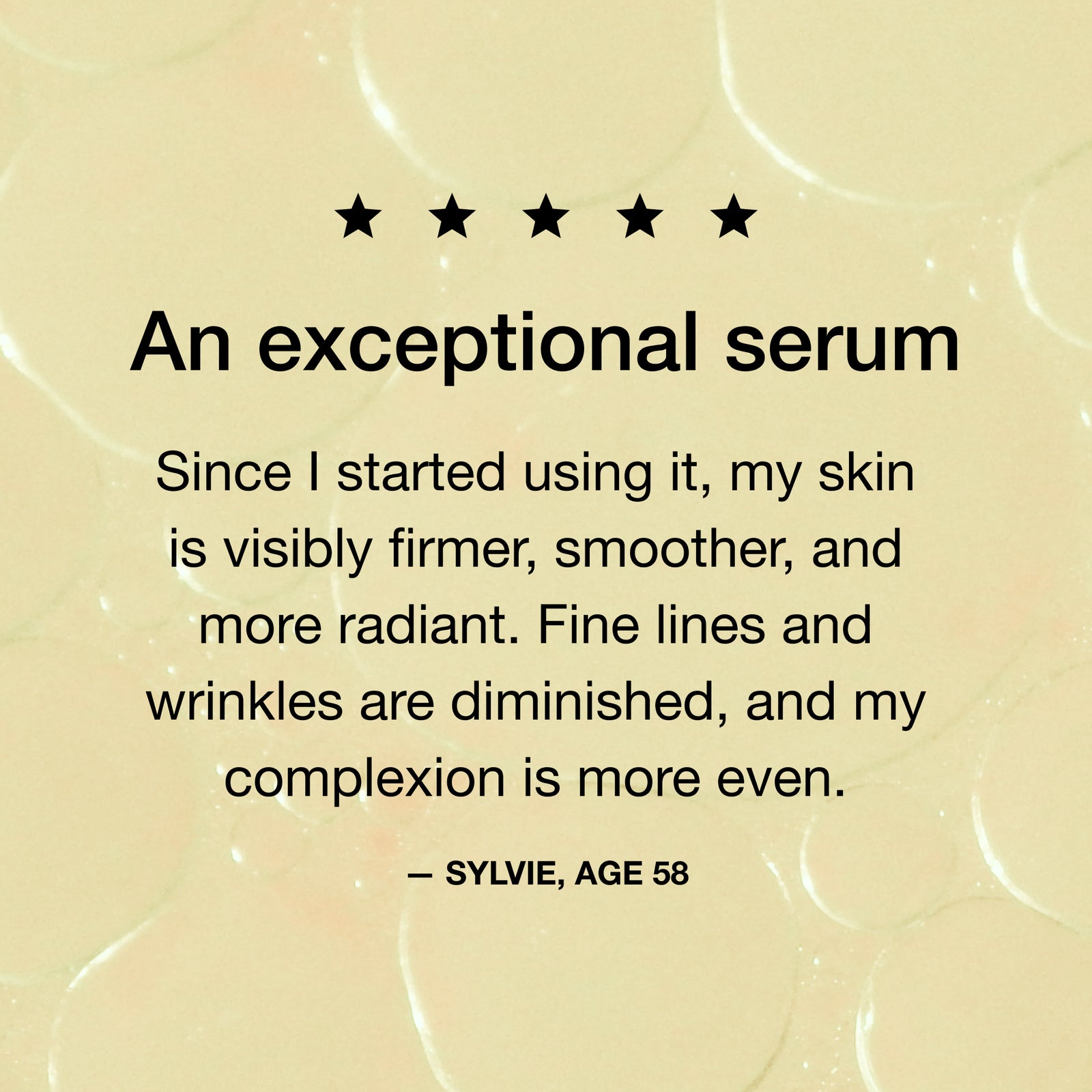 Product review for an exceptional serum with text and star rating on a beige background
