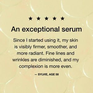 Product review for an exceptional serum with text and star rating on a beige background