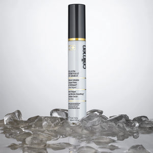 A bottle of Cellmen Cellultra Eye Serum-XT resting on ice cubes, emphasizing its revitalizing and refreshing qualities.