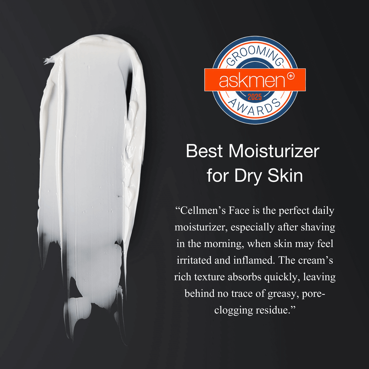 White moisturizer tube with 'askmen' grooming awards badge and text on a black background