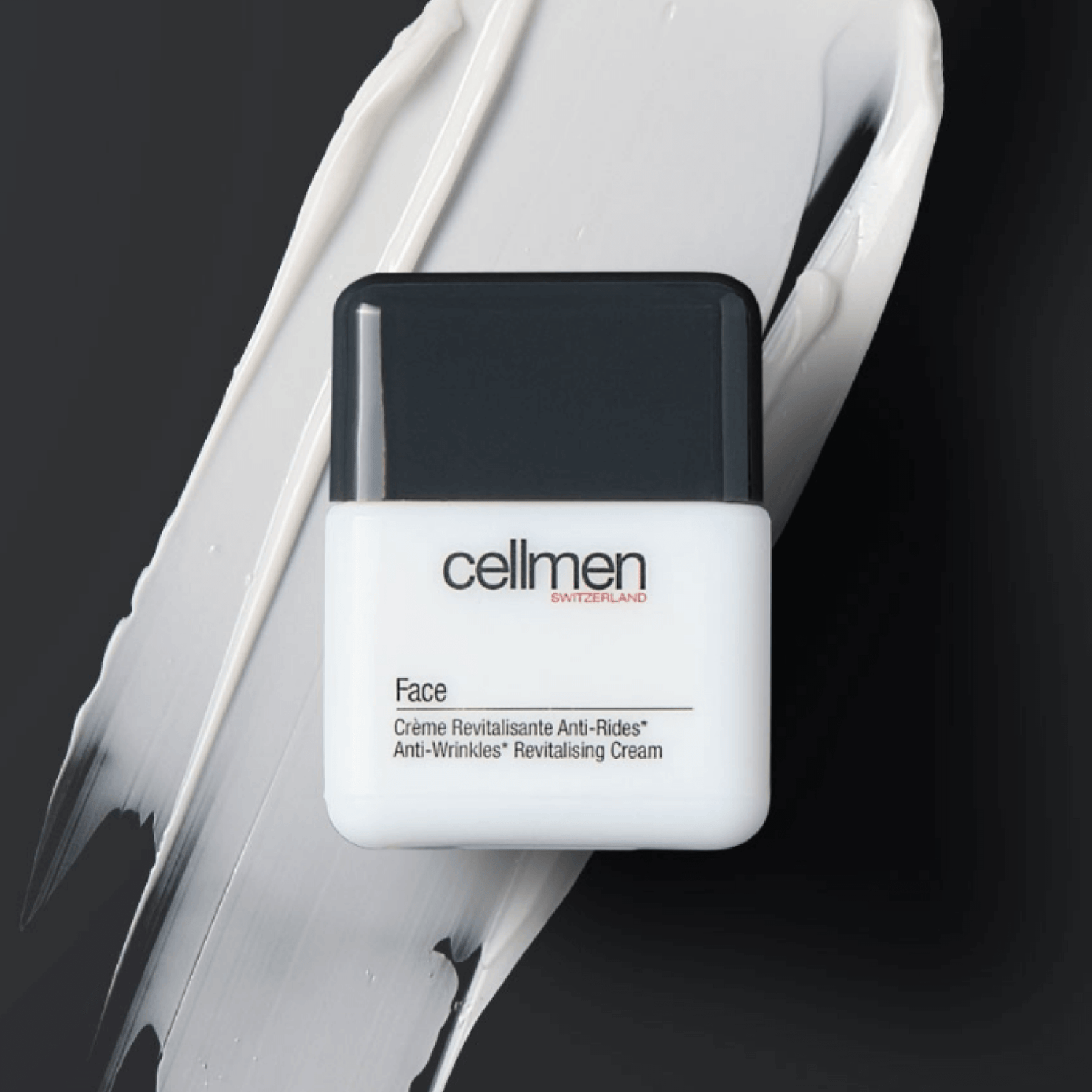 Cellmen anti-wrinkle cream packaging with a black and white background