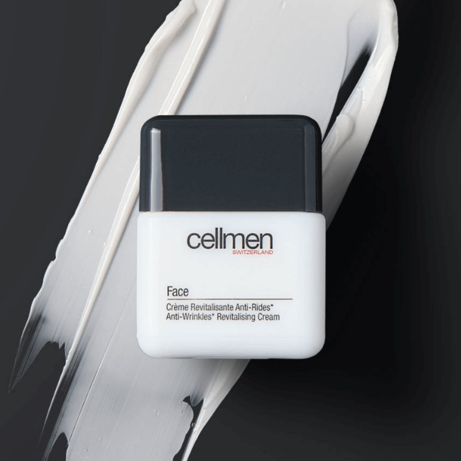 Cellmen anti-wrinkle cream packaging with a black and white background