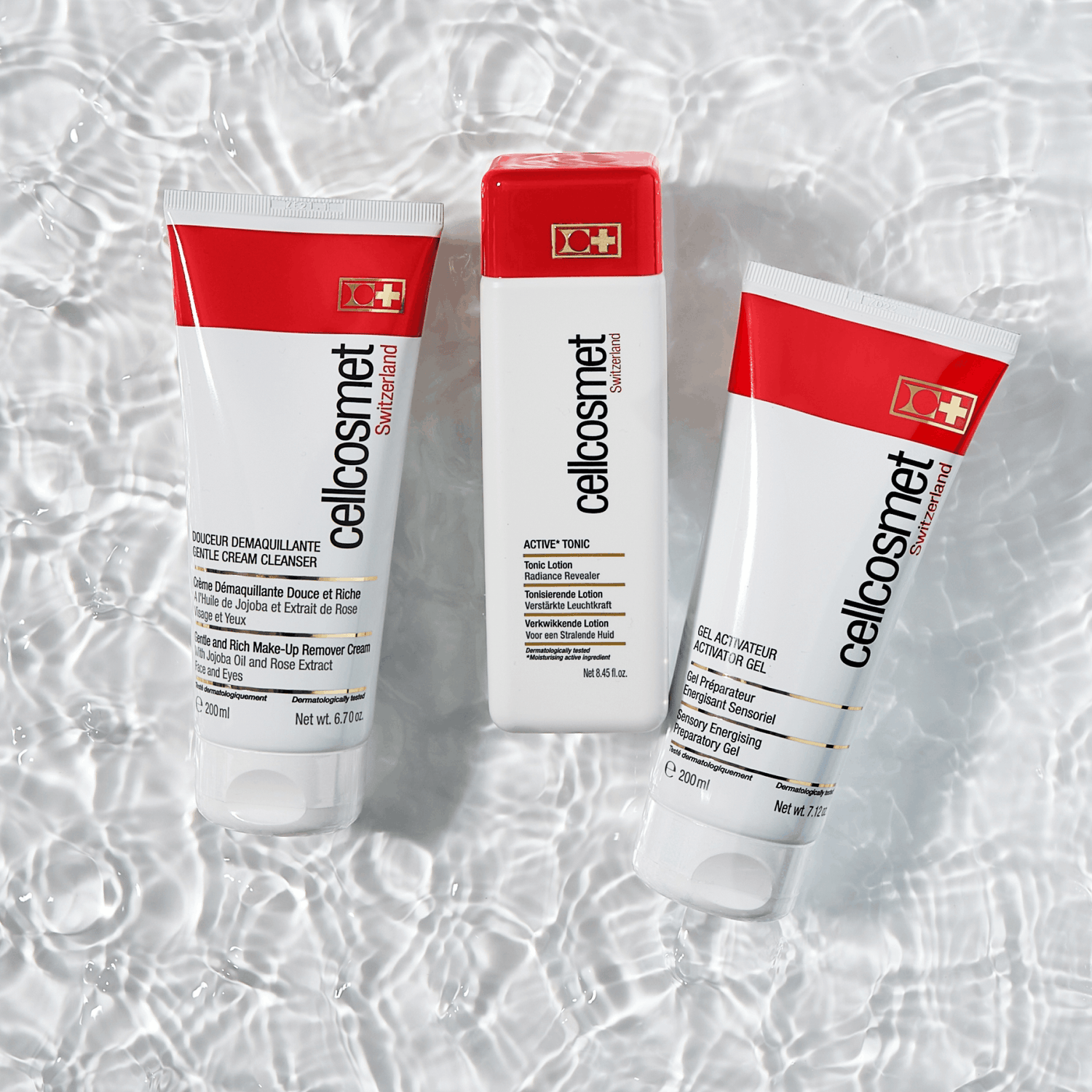 Cellcosmet skincare products in the water.