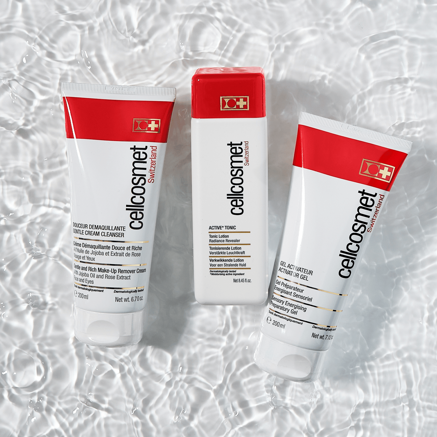 Three cellcosmet skincare products on in the water