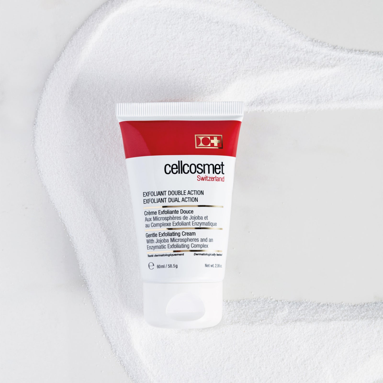 Cellcosmet Exfoliant Dual Action 60ml with swatch behind it.