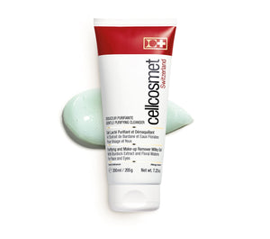 Cellcosmet Gentle Purifying Cleanser 200ml with Swatch behind it on a white background.