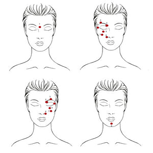 Illustration of a face massage chart with red dots indicating pressure points.