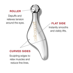 Sleek skincare eye roller tool with labeled parts on a white background