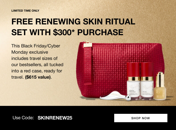 Red cosmetic bag with skincare products on a gold background, promoting a free renewing skin ritual set with a $300 purchase.