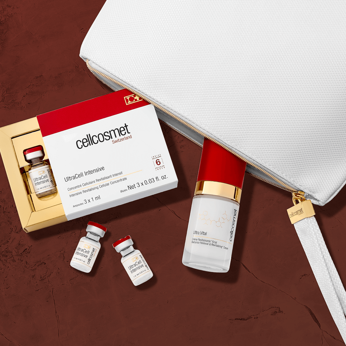 cellicosmet skincare products including bottles and packaging on a brown background