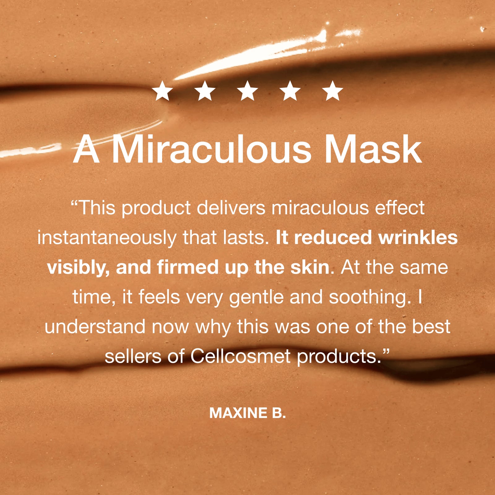 Precious mask with five-star rating and customer review on a brown background
